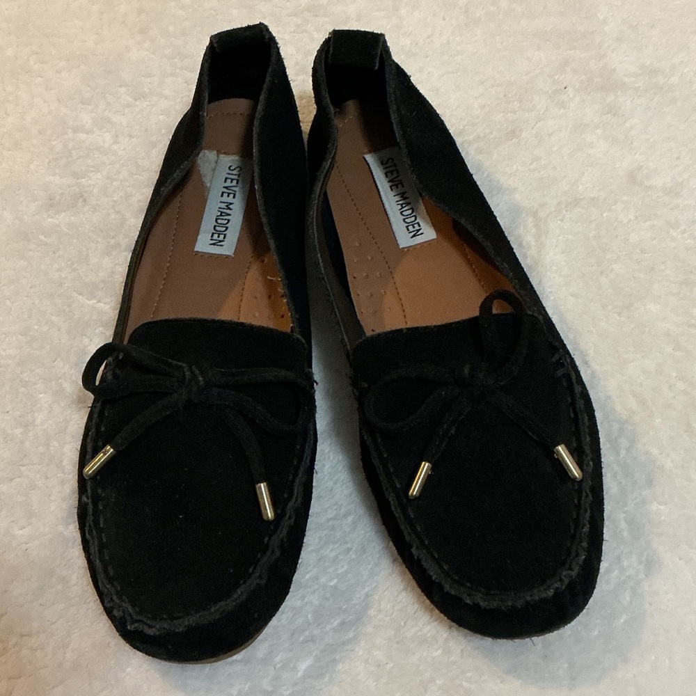 Steve Madden Black Suede Weverly Moccasin Loafers with Bow and Gold Accents